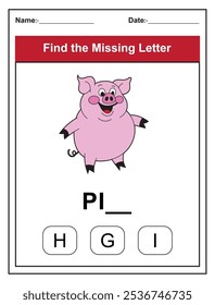 Find the missing letter. Printable kids activity worksheet with a cute pig character. Educational spelling puzzle game for early learners. Fill in the missing letter. Learn English alphabet
