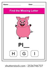 Find the missing letter. Printable kids activity worksheet with a cute pig character. Educational spelling puzzle game for early learners. Fill in the missing letter. Learn English alphabet
