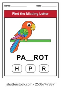 Find the missing letter. Printable kids activity worksheet with a cute parrot character. Educational spelling puzzle game for early learners. Fill in the missing letter. Learn English alphabet
