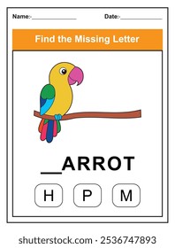 Find the missing letter. Printable kids activity worksheet with a cute parrot character. Educational spelling puzzle game for early learners. Fill in the missing letter. Learn English alphabet
