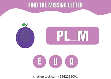 Find the missing letter. Purple plum vector. Educational game for kids. Worksheet design.