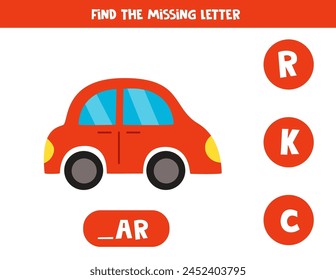 Find missing letter. Red car. Educational spelling game for kids.