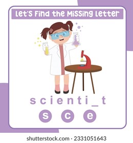 Find the missing letter scientist worksheet for kids learning professions in English. Educational alphabetic game. Printable worksheet for preschool.  Spelling and writing practise page for children. 