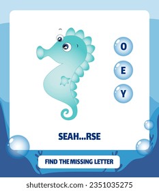 Find the missing letter. Seahorse of a  in cartoon style. Educational spelling game for kids.