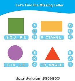 Find the missing letter of the shapes game for Preschool. Educational spelling printable game worksheet. Early education materials. Vector illustration.