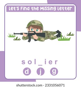 Find the missing letter soldier worksheet for kids learning professions in English. Educational alphabetic game. Printable worksheet for preschool.  Spelling and writing practise page for children. 