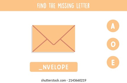 Find missing letter and spelling game concept for kids flat vector illustration.