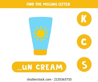 Find missing letter. Summer sun cream. Educational spelling game for kids.