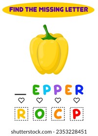 find the missing letter. Teaching children. Worksheet. Vegetable bell pepper