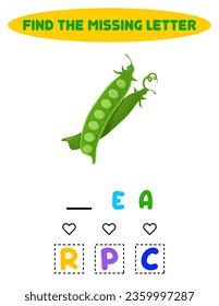 find the missing letter. Teaching children. Worksheet. Vegetable Green peas.