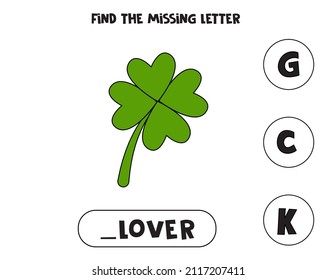 Find missing letter. Three leaf clover. Educational spelling game for kids.