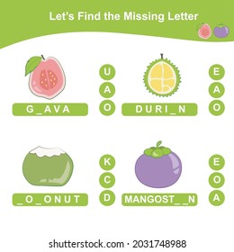 Find the missing letter of the tropical fruits game for Preschool. Educational spelling printable game worksheet. Early education materials. Vector illustration.