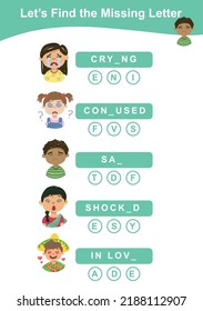 Find the missing letter worksheet. Educational spelling printable game worksheet. Vector illustration. 