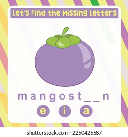 Find the missing letter worksheet for kids learning the fruits vocabulary in English. Educational alphabetic game. Printable worksheet for preschool.  Spelling and writing practise page for children. 