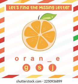 Find the missing letter worksheet for kids learning the fruits vocabulary in English. Educational alphabetic game. Printable worksheet for preschool.  Spelling and writing practise page for children. 
