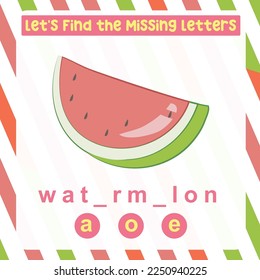 Find the missing letter worksheet for kids learning the fruits vocabulary in English. Educational alphabetic game. Printable worksheet for preschool.  Spelling and writing practise page for children. 