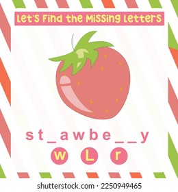 Find the missing letter worksheet for kids learning the fruits vocabulary in English. Educational alphabetic game. Printable worksheet for preschool.  Spelling and writing practise page for children. 