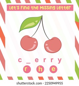 Find the missing letter worksheet for kids learning the fruits vocabulary in English. Educational alphabetic game. Printable worksheet for preschool.  Spelling and writing practise page for children. 