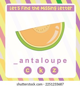 Find the missing letter worksheet for kids learning the fruits vocabulary in English. Educational alphabetic game. Printable worksheet for preschool.  Spelling and writing practise page for children. 