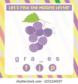 Find the missing letter worksheet for kids learning the fruits vocabulary in English. Educational alphabetic game. Printable worksheet for preschool.  Spelling and writing practise page for children. 