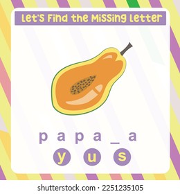 Find the missing letter worksheet for kids learning the fruits vocabulary in English. Educational alphabetic game. Printable worksheet for preschool.  Spelling and writing practise page for children. 