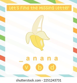 Find the missing letter worksheet for kids learning the fruit vocabulary in English. Educational alphabetic game. Printable worksheet for preschool.  Spelling and writing practise page for children. 