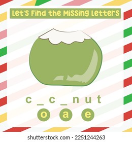 Find the missing letter worksheet for kids learning the fruit vocabulary in English. Educational alphabetic game. Printable worksheet for preschool.  Spelling and writing practise page for children. 