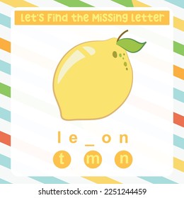 Find the missing letter worksheet for kids learning the fruit vocabulary in English. Educational alphabetic game. Printable worksheet for preschool.  Spelling and writing practise page for children. 