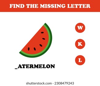 Find the missing letter worksheet for kids, watermelon, vector. Watermelon, inscription Watermelon with a missing letter.