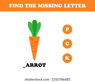 Find the missing letter worksheet for kids, carrot, vector. Carrot, inscription carrot with a missing letter.