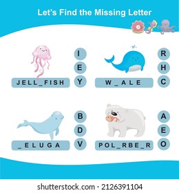Find the missing letter worksheet. Preschool worksheet with sea animals’ theme. Educational spelling printable game worksheet. Vector illustration.
