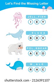Find the missing letter worksheet. Preschool worksheet with sea animals’ theme. Educational spelling printable game worksheet. Vector illustration.