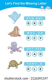 Buscar la hoja de cálculo de letras que falta. Hoja de trabajo preescolar con el tema de los animales marinos. Hoja de trabajo del juego que se puede imprimir ortografía educativa. Ilustración vectorial.