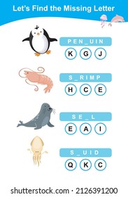 Find the missing letter worksheet. Preschool worksheet with sea animals’ theme. Educational spelling printable game worksheet. Vector illustration.