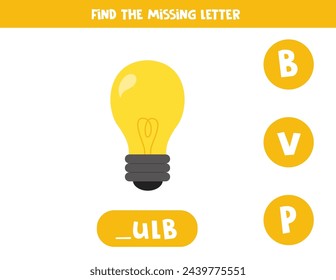 Find missing letter. Yellow cartoon bulb. Educational spelling game for kids.