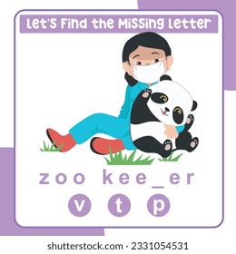 Find the missing letter zookeeper worksheet for kids learning professions in English. Educational alphabetic game. Printable worksheet for preschool.  Spelling and writing practise page for children. 