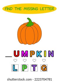 Find missing letter.Orange pumpkin. Educational spelling game for kids.Education puzzle for children find missing letter of cute cartoon pumpkin printable bug worksheet.