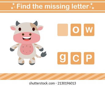 find the missing letters.Cute cow.Educational spelling game for kids