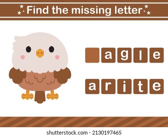 find the missing letters.Cute eagle.Educational spelling game for kids