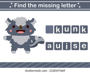 find the missing letters.Cute skunk.Educational spelling game for kids