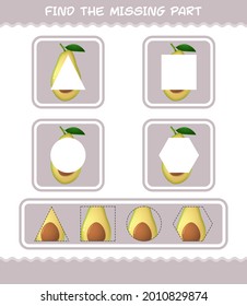 Find the missing parts of cartoon avocado. Searching game. Educational game for pre shool years kids and toddlers