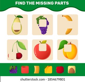 Find the missing parts of cartoon fruits. Searching game. Educational game for pre shool years kids and toddlers