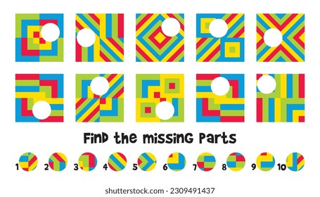 Find the missing parts. Matching game. Educational game for children. Attention task. Choose correct answer. Find the missing piece of the picture. Vector illustration. Isolated on white background