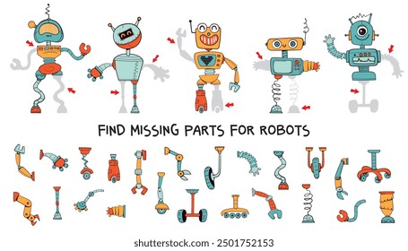 Encuentra las piezas que faltan para los robots. Elige la parte correcta. Divertidos personajes de dibujos animados. Juego educativo para niños. Tarea de atención. Página Hoja de cálculo. Libro de actividades. Ilustración vectorial. Fondo aislado