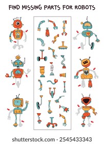 Find missing parts for the robots. Pick the right part. Funny cartoon characters. Educational game for kids. Attention task. Worksheet page. Activity book. Vector illustration. Isolated background