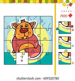 Find missing piece for Children with cat. Illustration of educational task for children with animal