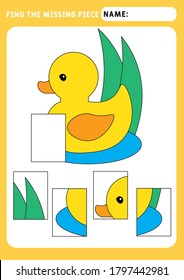 Find the missing piece and complete the picture. Puzzle kids activity. animals theme. duck. Activity for pre school years kids. Educational and logical game for kids.  A4 paper ready to print.