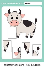 Find the missing piece and complete the picture. Puzzle kids activity. animals theme. bull. Activity for pre school years kids. Educational and logical game for kids.  A4 paper ready to print.