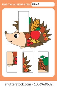 Find the missing piece and complete the picture. Puzzle kids activity. animals theme. little hedgehog. Activity for pre school years kids. Educational and logical game for kids.  