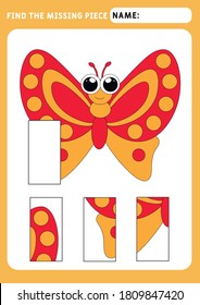 Find the missing piece and complete the picture. Puzzle for children. animal theme. little Butterfly. An event for preschool children. Educational and logical game for children. A4 paper